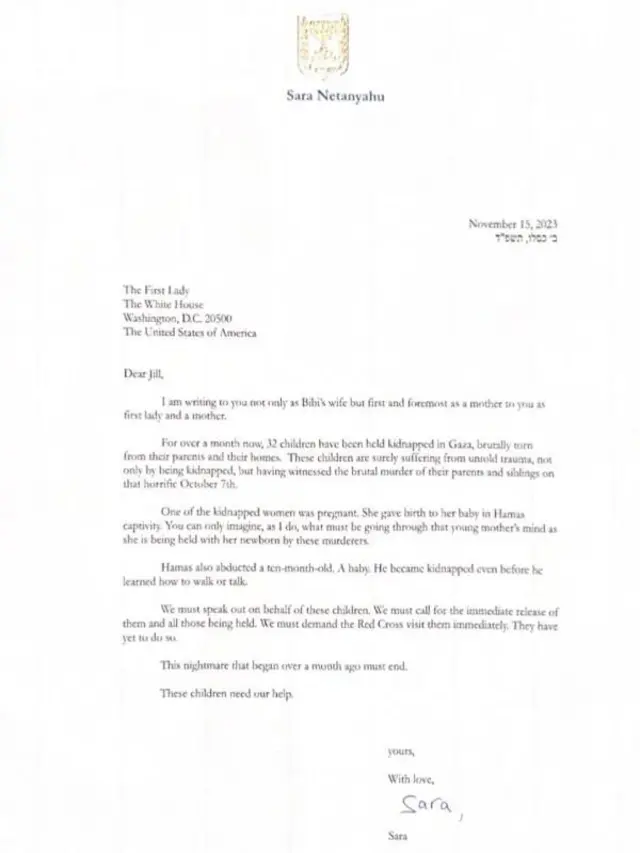 Sara Netanyahu's letter to Jill Biden