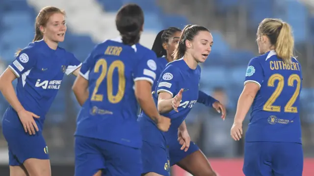 Chelsea's Niamh Charles celebrates her equaliser with her team-mates