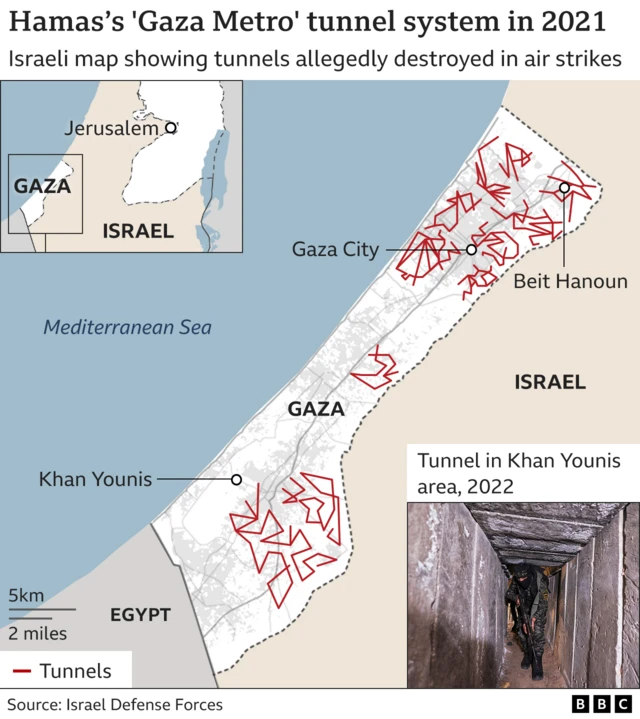 A map of Gaza with red lines showing where the Israel Defense Forces say Hamas’s underground network of tunnels are located. A map of Gaza, the West Bank and Israel is in the top left corner.