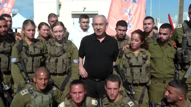 Netanyahu speaking at an army base near Gaza