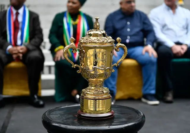 General view of The Webb Ellis Cup during the South Africa men's national rugby team trophy tour on November 03, 2023 in Cape Town, South Africa.