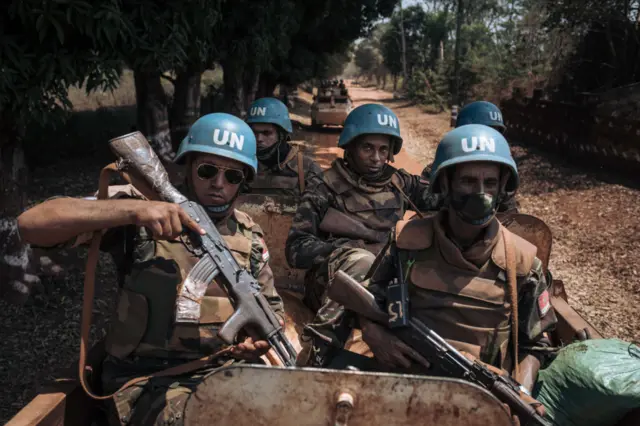 Moroccan peacekeepers from the United Nations Multidimensional Integrated Stabilization Mission in the Central African Republic (MINUSCA) patrol in Bangassou on February 3, 2021. -