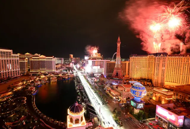 Fireworks go off over the Las Vegas Strip for Formula 1