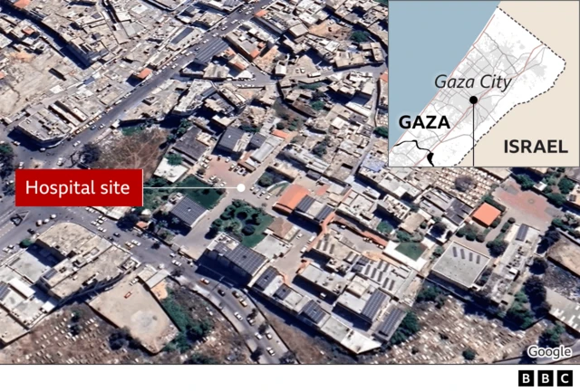 A satellite image of Al-Ahli hospital with a map showing its location in northern Gaza in the top right corner.