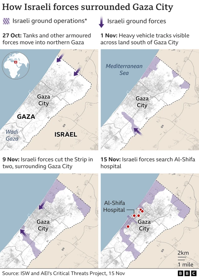 Four maps showing how Israeli forces have surrounded Gaza City between 27 October and 15 November