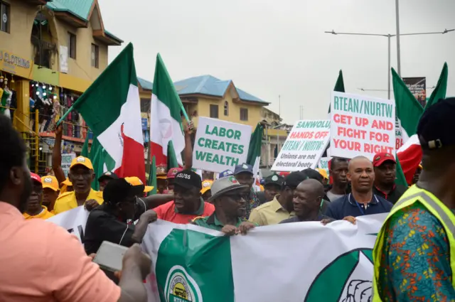 Members of Trade Union Congress (TUC) hold a peace protest over the proscription of Road Transport Employers' Association of Nigeria (RTEAN) by the Lagos State Government, at Alausa, Ikeja, Lagos, Nigeria, on Monday September 25, 2023