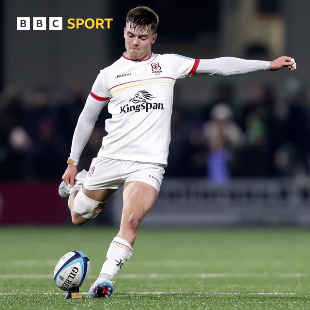 Jake Flannery kicks a penalty for Ulster Rugby