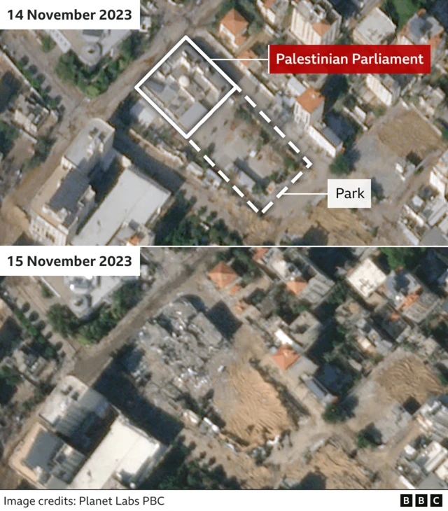 A BBC composite image showing satellite photos of the Palestinian parliament building on 14 November (when it appears intact) and 15 November (when it appears to be rubble)