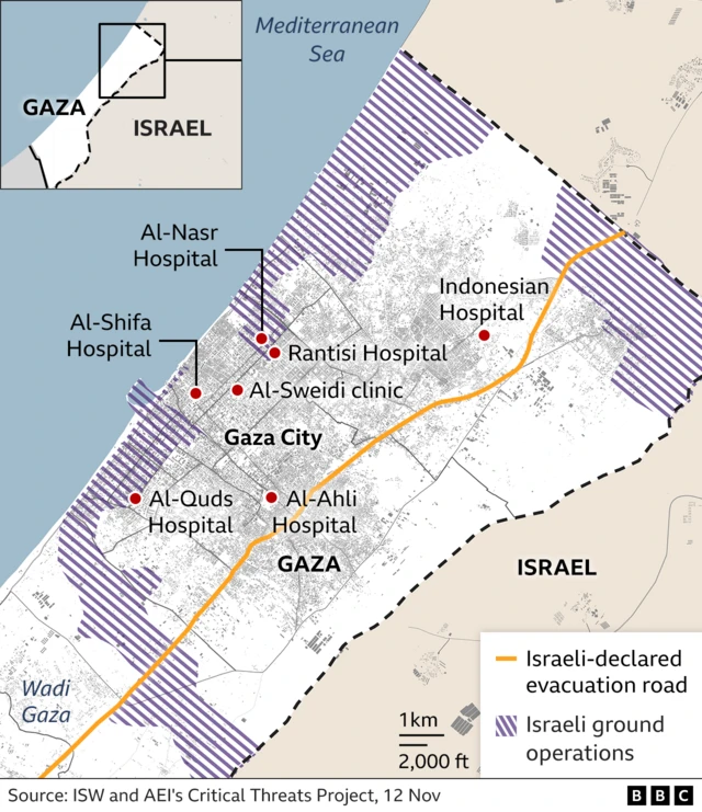 A map showing the location of hospitals in Gaza City. Al-Nasr, Rantisi, Al-Shifa, Al-Quds, Al-Ahli and the Indonesian hospitals are all marked - as is Al-Sweidi clinic