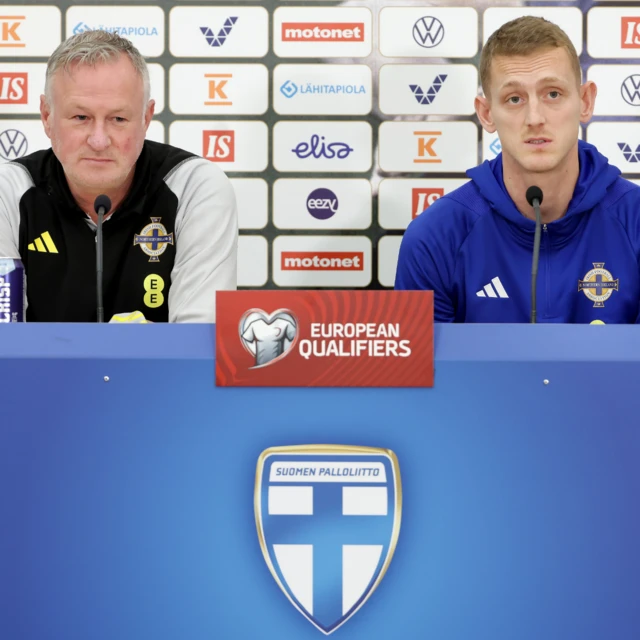 Northern Ireland manager Micheal O'Neill and captain George Saville during Thursday nights press conference