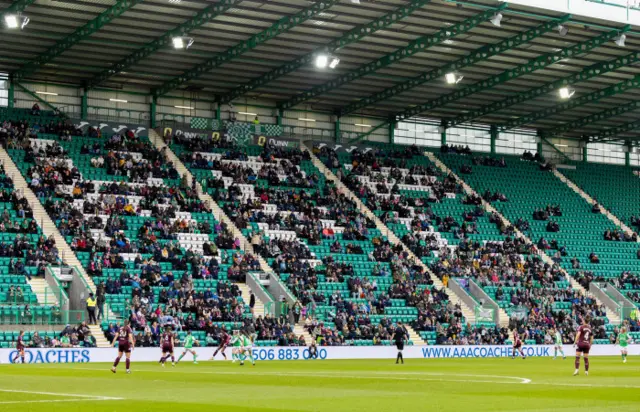 Fans in the stands at Easter Road for Hibernian v Hearts in the SWPL