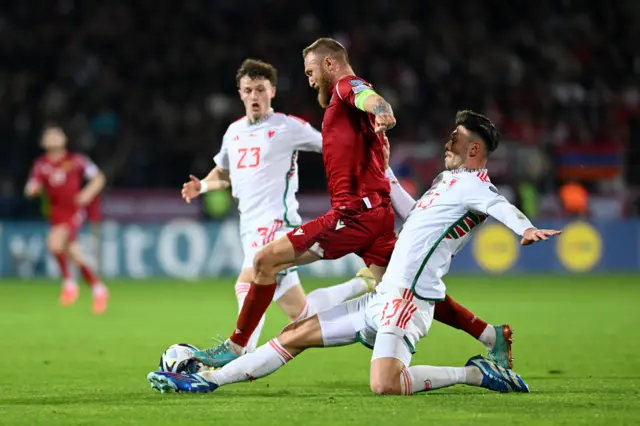 Kieffer Moore wins a tackle