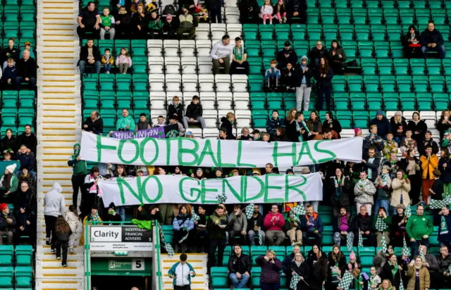 Hibernian fans with a banner reading Football has no gender