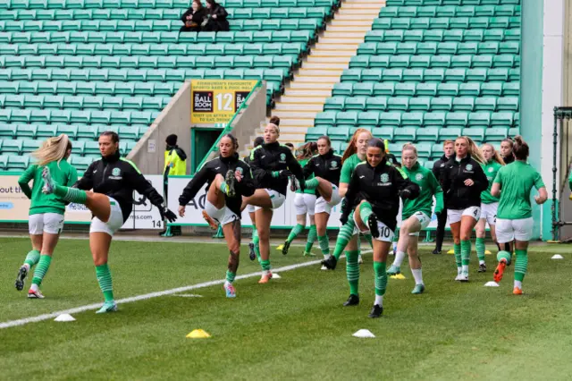 Hibernian women warm up ahead of the derby match v Hearts