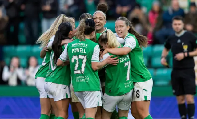 Hibernian women celebrate their 2-1 win over Hearts