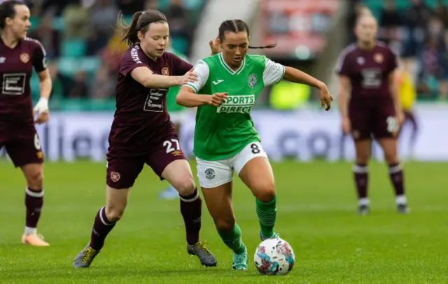 McAlonie of Hibs and Michie of Hearts battle for the ball