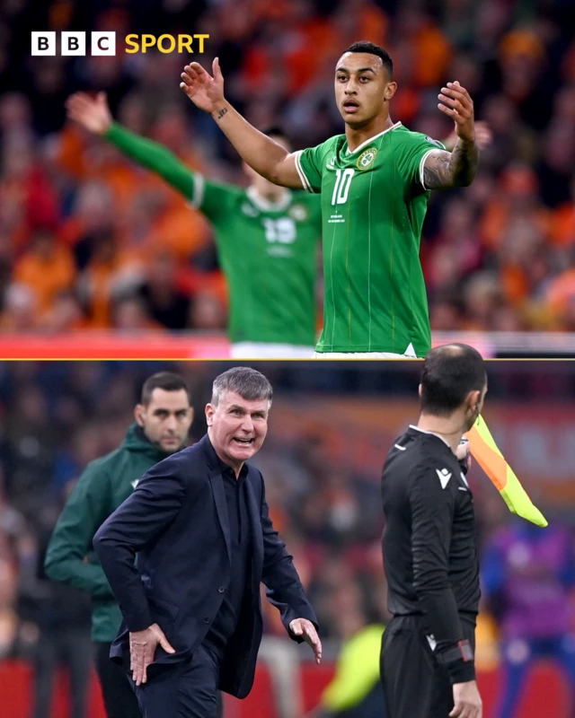 Adam Idah reacts to a disallowed goal as Stephen Kenny berates the referee's assistant.