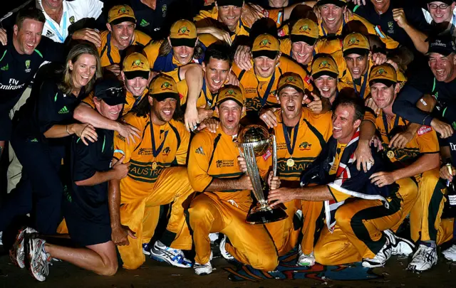 Ricky Ponting of Australia celebrates with the World Cup Trophy after victory in the ICC Cricket World Cup Final between Australia and Sri Lanka at the Kensington Oval on April 28, 2007 in Bridgetown, Barbados.