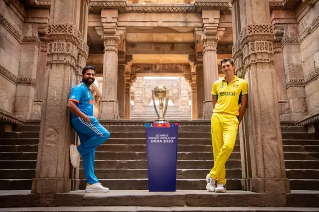 India captain Rohit Sharma and Australia Captain Pat Cummins pose for a photo during the ICC Men's Cricket World Cup Final 2023 in india