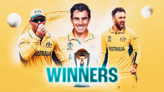 Australia winners graphic with Pat Cummins, David Warner and Glenn Maxwell on