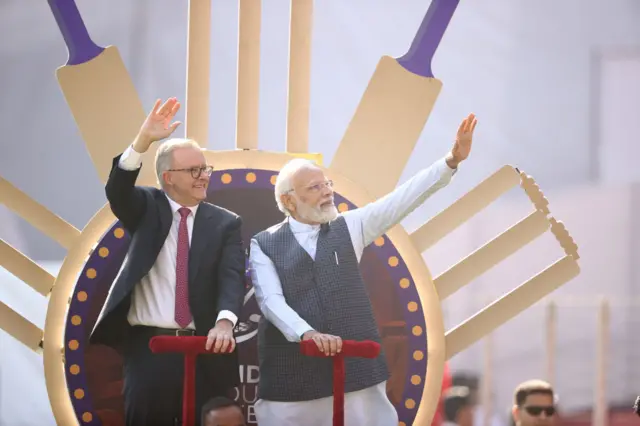 Australian Prime Minister Anthony Albanese and Indian Prime Minister Narendra Modi are seen on a lap of honour during day one of the Fourth Test match in the series between India and Australia at Narendra Modi Stadium on March 09, 2023 in Ahmedabad, India.