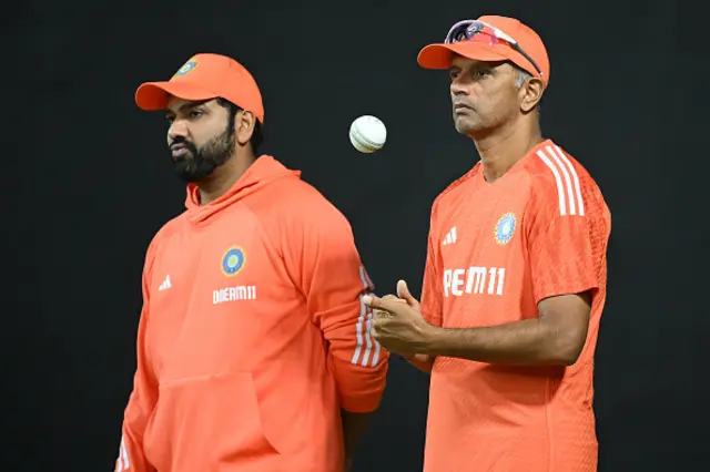 Rahul Dravid, Coach of India looks on with Rohit Sharma of India