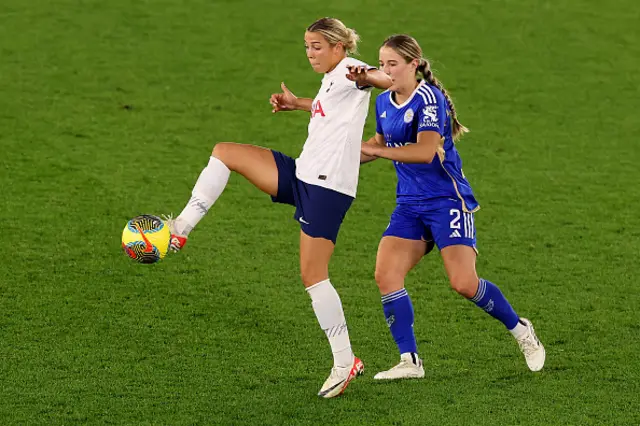 Celin Bizet Ildhusoy of Tottenham Hotspur is challenged by Courtney Nevin