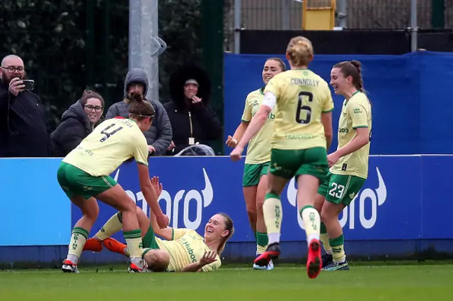 Amalie Thestrup of Bristol City celebrates with teammates sliding on the grass