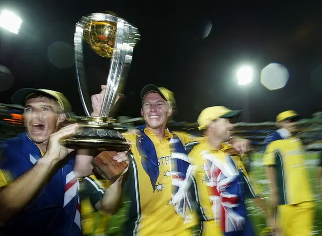 Brad Hogg (left) and Brett Lee parade the World Cup trophy on a lap of honour after the ICC Cricket World Cup Final between India and Australia at The Wanderers, in Johannesburg, South Africa on March 23, 2003.