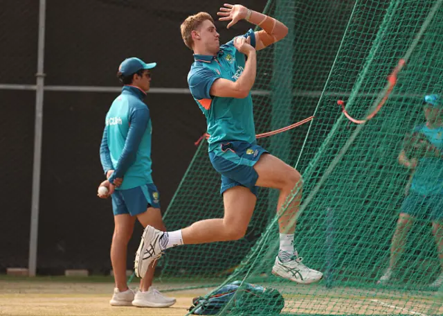 Cameron Green of Australia bowls during an Australian training session