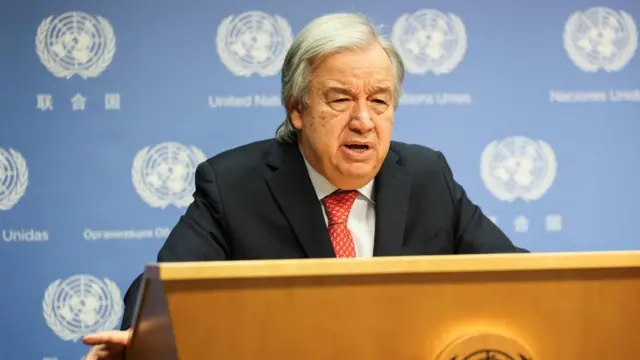 Guterres speaks from a lectern