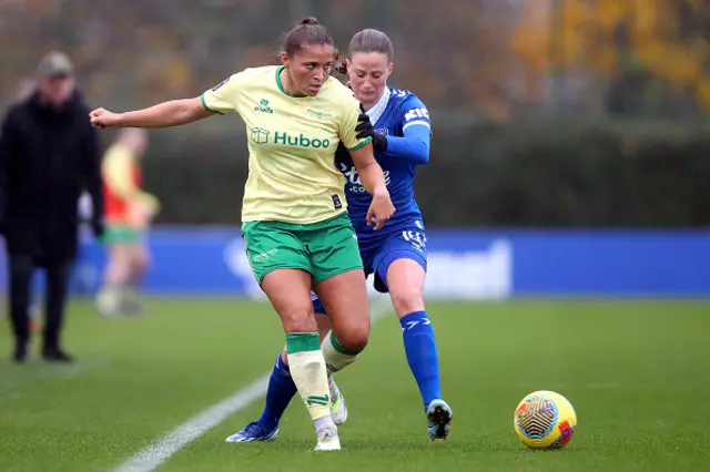 Abi Harrison of Bristol City is challenged by Nicoline Sorensen