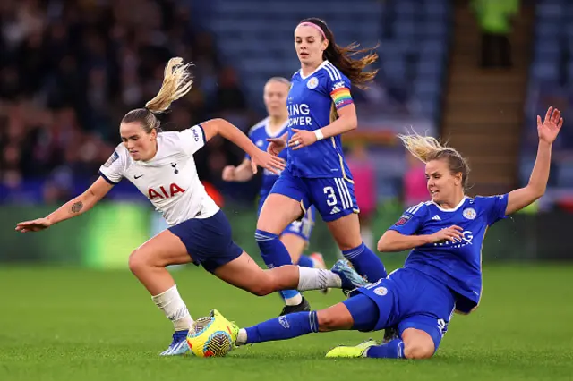 Grace Clinton of Tottenham Hotspur is challenged by Lena Peterman