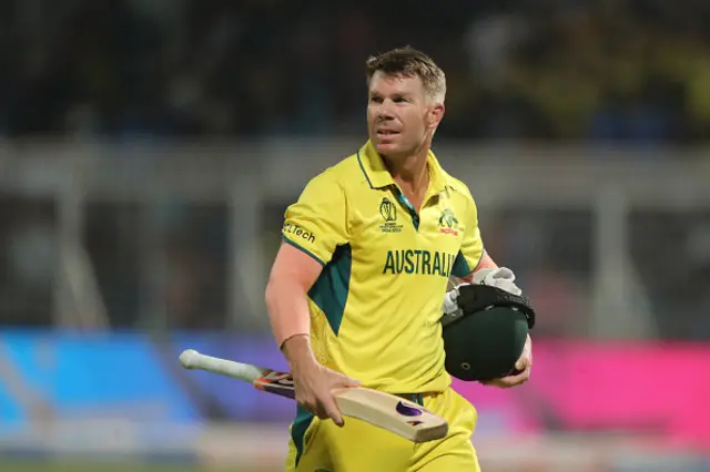 Australia's David Warner makes their way off after being dismissed during the ICC Men's Cricket World Cup 2023 semi final match between South Africa and Australia