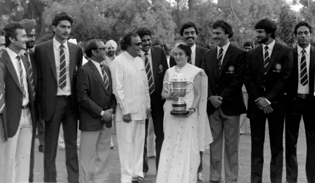 Prime Minister Indira Gandhi (1917 - 1984) holding the Cricket World Cup trophy won by Indian cricket team in New Delhi, India, July 08, 1983.