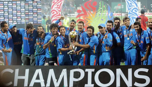 Indian cricketers celebrate with the trophy after beating Sri Lanka in the ICC Cricket World Cup 2011 final match at The Wankhede Stadium in Mumbai on April 2, 2011. India defeated Sri Lanka by six wickets to win the 2011 World Cup.