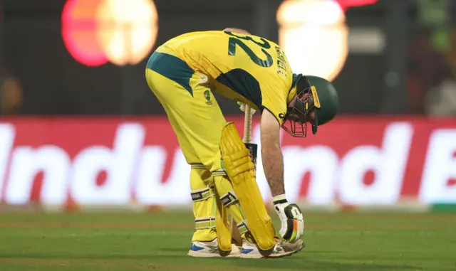 Glenn Maxwell of Australia reacts during the ICC Men's Cricket World Cup India 2023 between Australia and Afghanistan at Wankhede Stadium on November 07, 2023 in Mumbai, India.