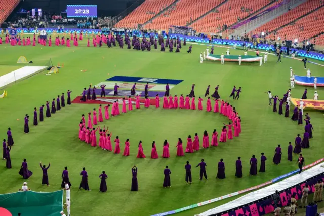 Performers take part in a rehearsal on the eve of the 2023 ICC Men's Cricket World Cup one-day international (ODI) final match between India and Australia at the Narendra Modi Stadium in Ahmedabad on November 18, 2023.