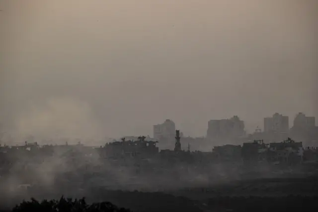 Smoke rises after Israeli helicopter gunships bombed some areas as Israeli attacks continue on the 26th day in Gaza City, Gaza on November 01, 2023