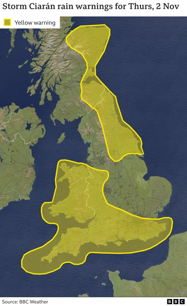 A map of the UK, showing areas in south west and north east of England and parts of Scotland with yellow weather warnings