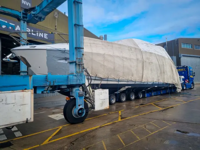 A boat about to be transported from Northants to Suffolk