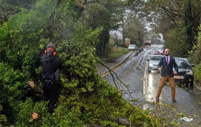 Fallen tree being removed from a road at Dover, Kent