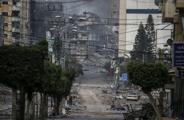 A view of the damaged area seen following an Israeli airstrike in the northern Gaza City