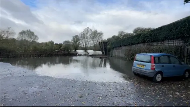 Partially flooded car park in Framlingham