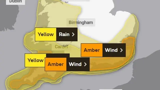 the Met Office AMBER warnings for WIND issued for Thursday.