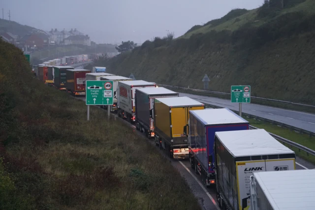 Freight queues on the approach to the Port of Dover this morning