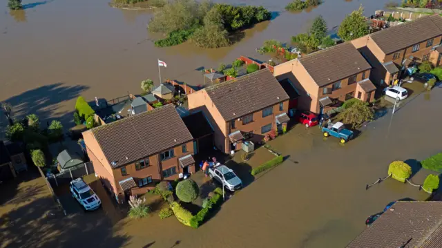 Aerial view of flooded roads in Nottinghamshire after Storm Babet