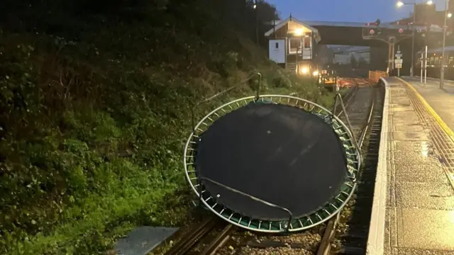 "The trampoline now arriving at platform four," tweets Southeastern Railway, of this obstruction at Hastings