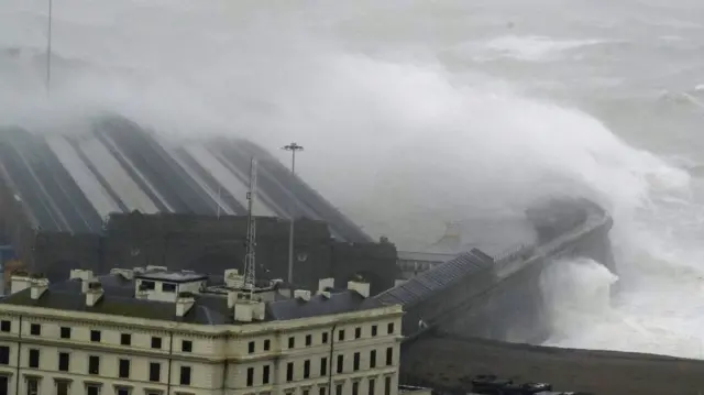 Waves crash over the harbour wall in Folkestone, Kent, as Storm Ciaran brings high winds and heavy rain along the south coast of England. The Environment Agency has issued 54 warnings where flooding is expected, and an amber weather warning is in place with winds expected to reach 70mph to 80mph.