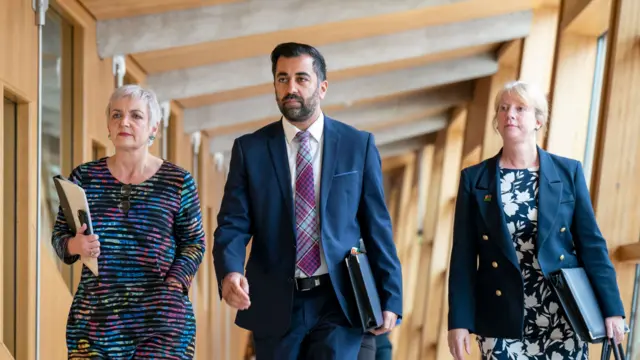 Scotland's First Minister Humza Yousaf with Justice and Home Affairs Minister Angela Constance (left) and Deputy First Minister Shona Robison (right)